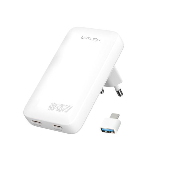 4smarts FlatPlug Slim Dual USB-C hálózati adapter, 65W GaN, fehér