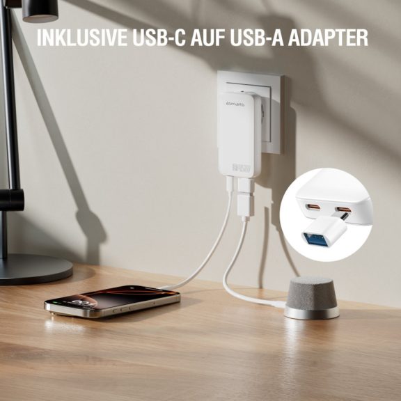 4smarts FlatPlug Slim Dual USB-C hálózati adapter, 65W GaN, fehér