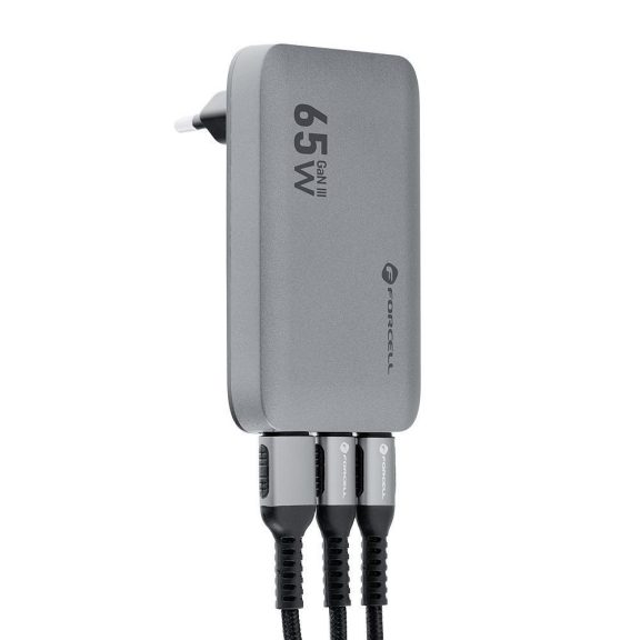 Forcell F-Energy GaN III VT-47 ultra vékony utazó / töltő adapter, 2X USB-C + USB-A, 4A, 65w, szürke