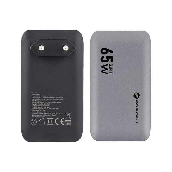 Forcell F-Energy GaN III VT-47 ultra vékony utazó / töltő adapter, 2X USB-C + USB-A, 4A, 65w, szürke