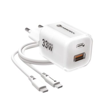   Forcell F-Energy Crystal Color GaN III VT-41 USB-C-USB-A hálózati töltő adapter szilikon kábellel, 33W, fehér