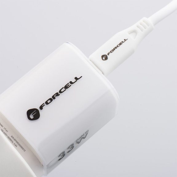 Forcell F-Energy Crystal Color GaN III VT-41 USB-C-USB-A hálózati töltő adapter szilikon kábellel, 33W, fehér