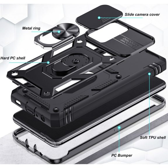 Apple iPhone XS Max, Műanyag hátlap védőtok és előlapi keret, szilikon belső, közepesen ütésálló, kamera védelem, telefontartó gyűrű, Wooze Military Armor, piros/rózsaszín