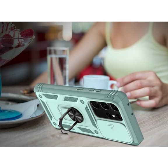 Apple iPhone 11 Pro Max, Műanyag hátlap védőtok és előlapi keret, szilikon belső, közepesen ütésálló, kamera védelem, telefontartó gyűrű, Wooze Military Armor, rózsaszín/zöld