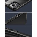 Apple iPhone 13 Pro Max, Szilikon keret + műanyag hátlap tok, közepesen ütésálló, légpárnás sarok, karbon minta, átlátszó/kék