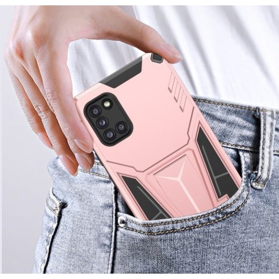 Apple iPhone 14 Pro Max, Műanyag hátlap védőtok szilikon belső, közepesen ütésálló, kitámasztóval, Wooze Supportive Care, vörösarany