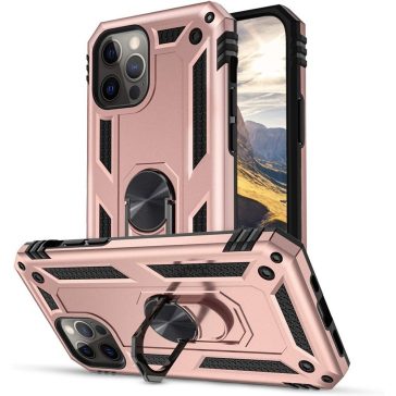   Apple iPhone 14 Pro, Műanyag hátlap védőtok, közepesen ütésálló, szilikon belső, telefontartó gyűrű, Defender, vörösarany