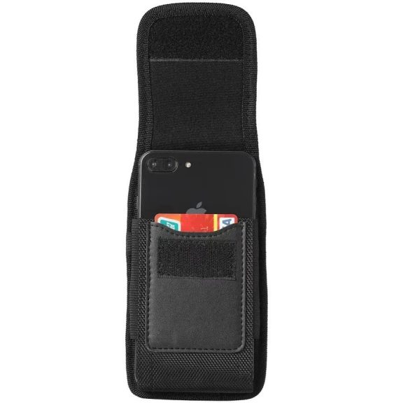 Univerzális tok, álló, övre csíptethető, fűzhető, kártyatartóval, Apple iPhone 13 Pro méret, Oxford, Model-3, fekete