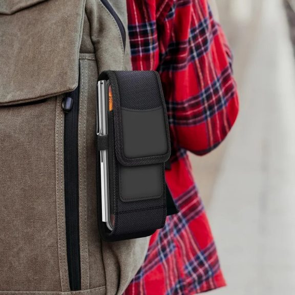 Univerzális tok, álló, övre csíptethető, fűzhető, kártyatartóval, Apple iPhone 13 Pro méret, Oxford, Model-3, fekete