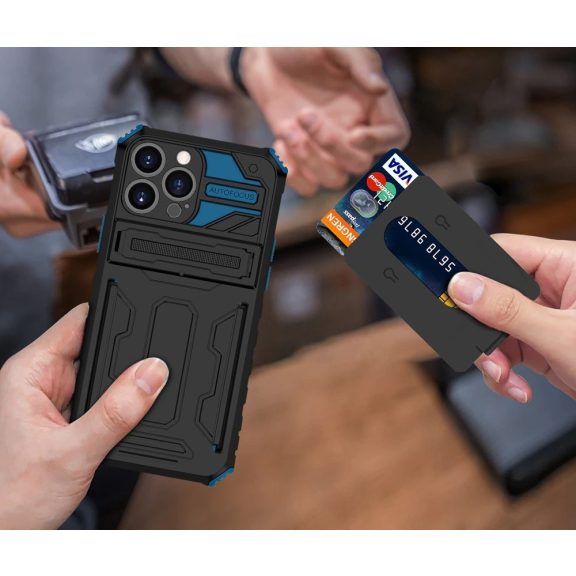 Apple iPhone 13 Pro Max, Műanyag hátlap védőtok szilikon belső, közepesen ütésálló, kitámasztóval, kártyatartóval, Wooze Transformer, fekete/lila