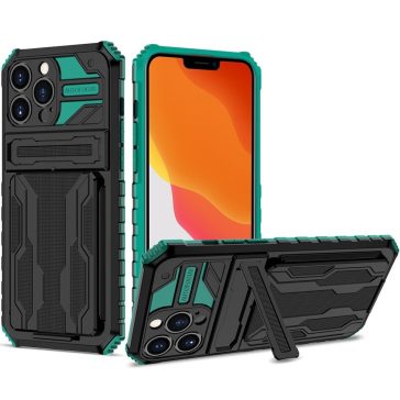   Apple iPhone 13 Pro Max, Műanyag hátlap védőtok szilikon belső, közepesen ütésálló, kitámasztóval, kártyatartóval, Wooze Transformer, fekete/zöld