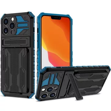   Samsung Galaxy A03 Core SM-A032F, Műanyag hátlap védőtok szilikon belső, közepesen ütésálló, kitámasztóval, kártyatartóval, Wooze Transformer, fekete/kék