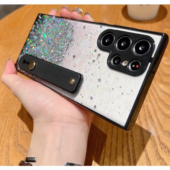 Apple iPhone 11 Pro Max, Szilikon tok, közepesen ütésálló, kézpánttal, színátmenetes, csillogó minta, Wooze Strap Star, mintás/fekete