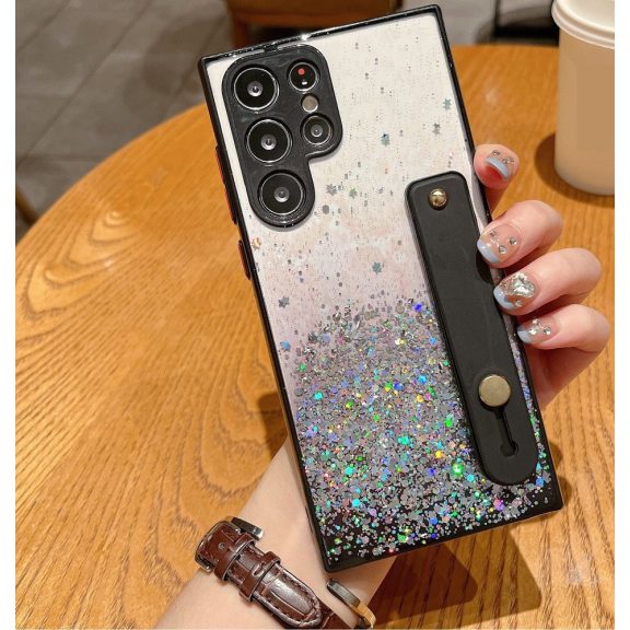 Apple iPhone 14 Plus, Szilikon tok, közepesen ütésálló, kézpánttal, színátmenetes, csillogó minta, Wooze Strap Star, mintás/fekete