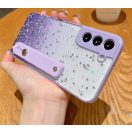 Apple iPhone 14 Pro, Szilikon tok, közepesen ütésálló, kézpánttal, színátmenetes, csillogó minta, Wooze Strap Star, mintás/lila