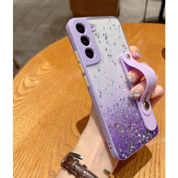 Apple iPhone 14 Pro, Szilikon tok, közepesen ütésálló, kézpánttal, színátmenetes, csillogó minta, Wooze Strap Star, mintás/lila