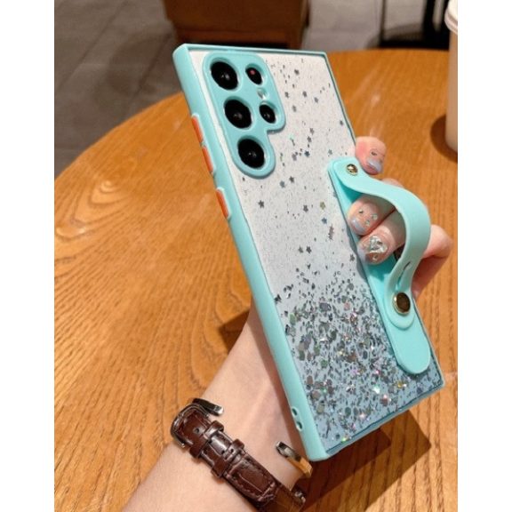 Apple iPhone 14 Pro, Szilikon tok, közepesen ütésálló, kézpánttal, színátmenetes, csillogó minta, Wooze Strap Star, mintás/menta