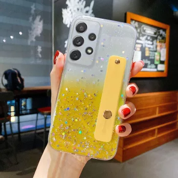   Samsung Galaxy A22 4G SM-A225F, Szilikon tok, közepesen ütésálló, kézpánttal, színátmenetes, csillogó minta, Wooze Strap Star, mintás/sárga