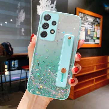   Samsung Galaxy A22 5G SM-A226B, Szilikon tok, közepesen ütésálló, kézpánttal, színátmenetes, csillogó minta, Wooze Strap Star, mintás/menta
