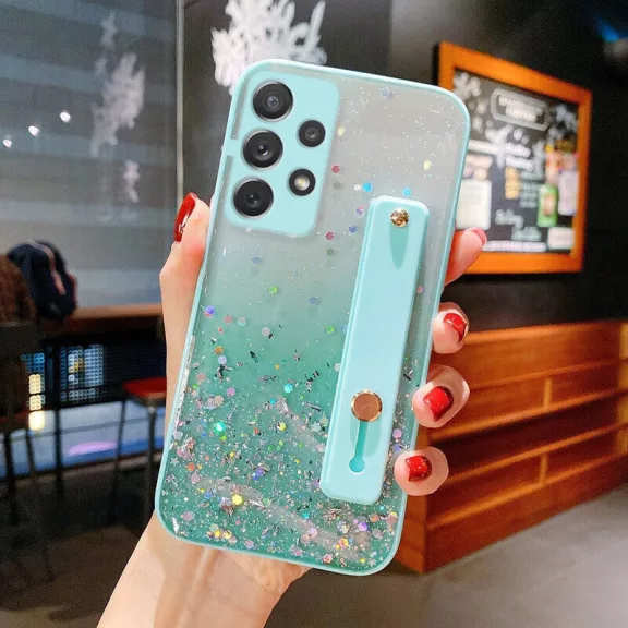 Samsung Galaxy A22 5G SM-A226B, Szilikon tok, közepesen ütésálló, kézpánttal, színátmenetes, csillogó minta, Wooze Strap Star, mintás/menta