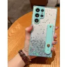 Samsung Galaxy A22 5G SM-A226B, Szilikon tok, közepesen ütésálló, kézpánttal, színátmenetes, csillogó minta, Wooze Strap Star, mintás/menta