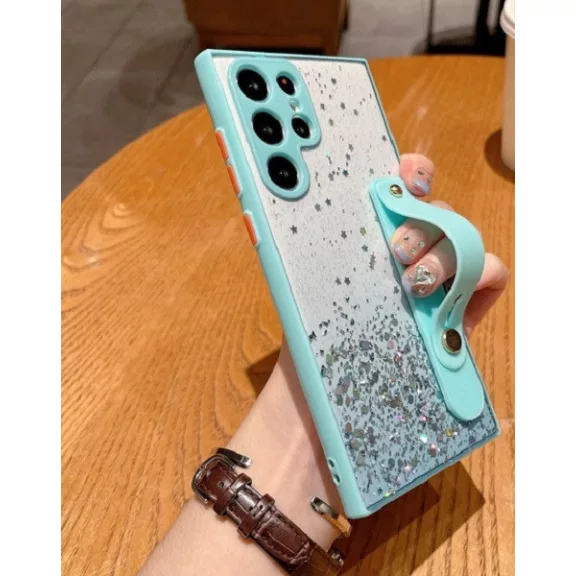 Samsung Galaxy A22 5G SM-A226B, Szilikon tok, közepesen ütésálló, kézpánttal, színátmenetes, csillogó minta, Wooze Strap Star, mintás/menta