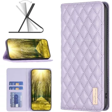   Samsung Galaxy A73 5G SM-A736B, Oldalra nyíló tok, stand, kártyatartóval, 3D rombusz minta, Wooze Pillow, lila
