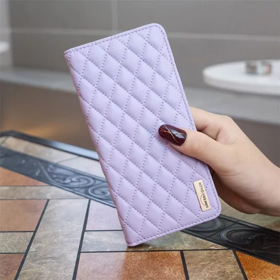 Samsung Galaxy A73 5G SM-A736B, Oldalra nyíló tok, stand, kártyatartóval, 3D rombusz minta, Wooze Pillow, lila