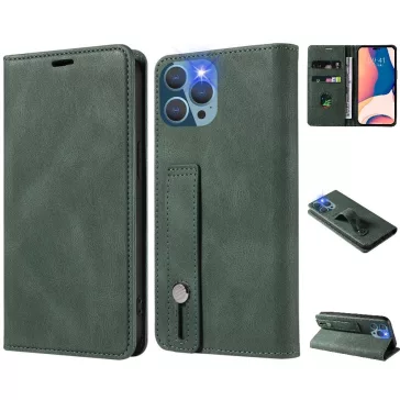   Samsung Galaxy A73 5G SM-A736B, Oldalra nyíló tok, stand, kártyatartóval, kézpánttal, Wooze Business Plus, sötétzöld