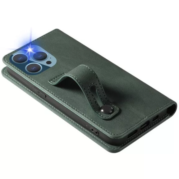 Samsung Galaxy A73 5G SM-A736B, Oldalra nyíló tok, stand, kártyatartóval, kézpánttal, Wooze Business Plus, sötétzöld