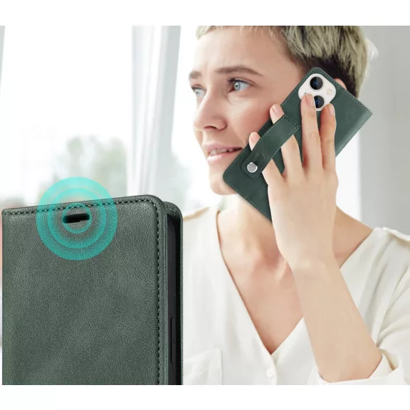 Samsung Galaxy A73 5G SM-A736B, Oldalra nyíló tok, stand, kártyatartóval, kézpánttal, Wooze Business Plus, sötétzöld