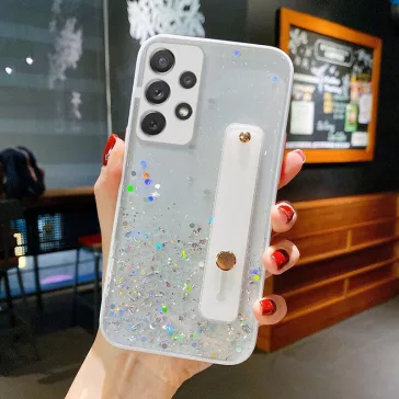   Samsung Galaxy A24 4G SM-A245F, Szilikon tok, közepesen ütésálló, kézpánttal, színátmenetes, csillogó minta, Wooze Strap Star, mintás/fehér