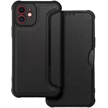   Samsung Galaxy A34 5G SM-A346B, Oldalra nyíló tok, légpárnás sarok, bőrhatású, karbon minta, Razor Book, fekete