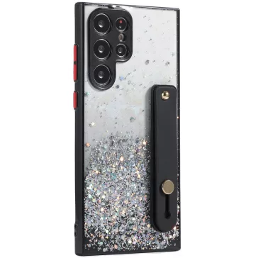   Apple iPhone 15 Pro, Szilikon tok, közepesen ütésálló, kézpánttal, színátmenetes, csillogó minta, Wooze Strap Star, mintás/fekete