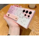 Apple iPhone 15 Plus, Szilikon tok, közepesen ütésálló, kézpánttal, színátmenetes, csillogó minta, Wooze Strap Star, mintás/rózsaszín