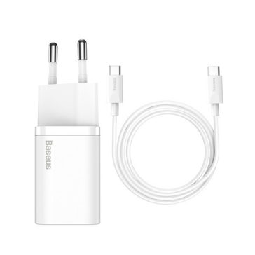   Baseus Super-Si gyorstöltő adapter USB-C / USB-C kábellel, 25W, fehér