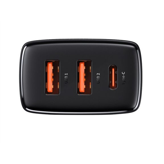 Baseus Compact gyorstöltő adapter 30W USB-C + 2XUSB-A, fekete