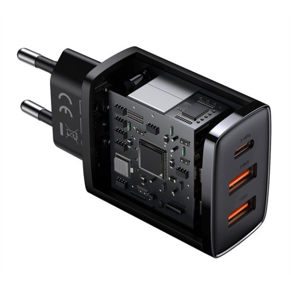 Baseus Compact gyorstöltő adapter 30W USB-C + 2XUSB-A, fekete