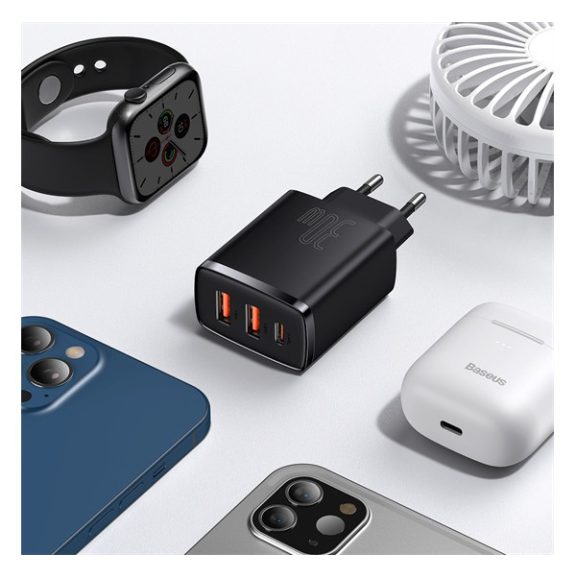 Baseus Compact gyorstöltő adapter 30W USB-C + 2XUSB-A, fekete