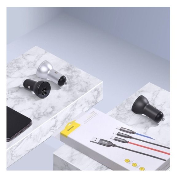 Baseus autós szivargyújtó töltő kijelzővel, 2xUSB, 4.8A, 24W, szürke