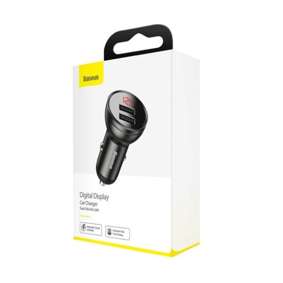 Baseus autós szivargyújtó töltő kijelzővel, 2xUSB, 4.8A, 24W, szürke