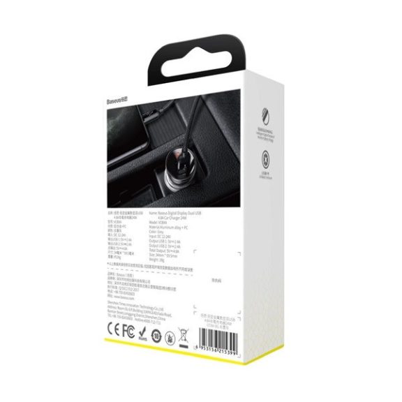 Baseus autós szivargyújtó töltő kijelzővel, 2xUSB, 4.8A, 24W, szürke