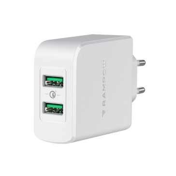   Rampow RBA16 hálózati gyorstöltő adapter 2xUSB-A QC, 39W, fehér