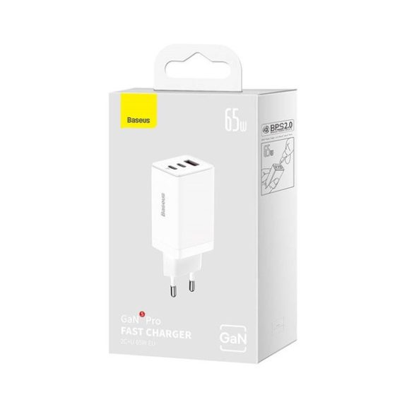 Baseus GaN5 Pro hálózati töltő 2xUSB-C + USB-A, USB-C-USB-C kábellel, 65W, fehér