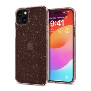   Spigen Liquid Crystal Glitter Apple iPhone 15 Plus tok, csillámos, rózsaszín, átlátszó