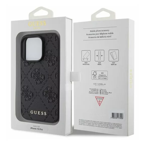 Guess Leather 4G Stamped Apple iPhone 15 Pro hátlap tok, fekete