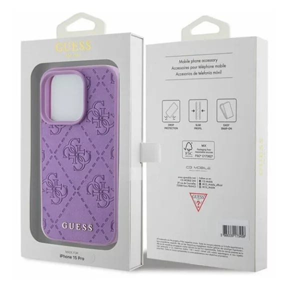 Guess Leather 4G Stamped Apple iPhone 15 Pro hátlap tok, lila