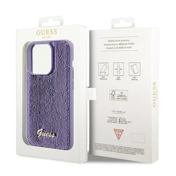 Guess Sequin Script Metal Apple iPhone 15 Pro hátlap tok, lila