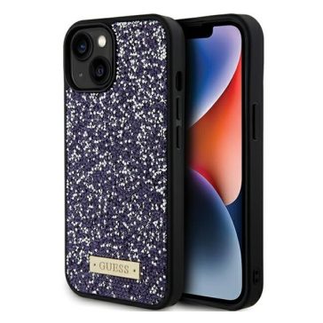   Guess Rhinestone Metal Logo Apple iPhone 15 hátlap tok, lila