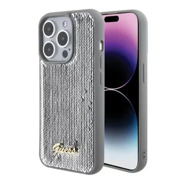   Guess Sequin Script Metal Apple iPhone 15 Pro Max hátlap tok, ezüst
